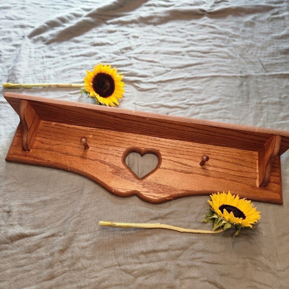 Vintage Oak Wood Wall Shelf with Heart Cutout and Pegs Country Farmhouse Decor